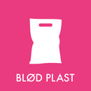 Hvid silhuet af plastikpose på pink baggrund, med teksten "BLØD PLAST" nedenunder.