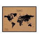 Korktavle med sort verdenskort og ramme. Labels: "Places to go" og "Already been" nederst til venstre.