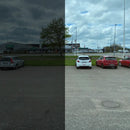 Vindue med solfilm til venstre, mørkere end højre side uden film.