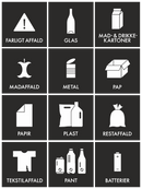 Affaldssorteringsmærker, 12 stk., sort/hvid, ikoner med tekst for affaldstyper som glas og papir.