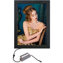 Dobbeltsidet LED-ramme med portræt af kvinde i guldkjole og medfølgende strømforsyning.