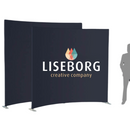 Curved Zipper Wall med "LISEBORG creative company" logo. Silhuet viser størrelse og buet design.