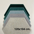 Akustiske sekskanter i flere nuancer, stablet. Mål: 120x104 cm.