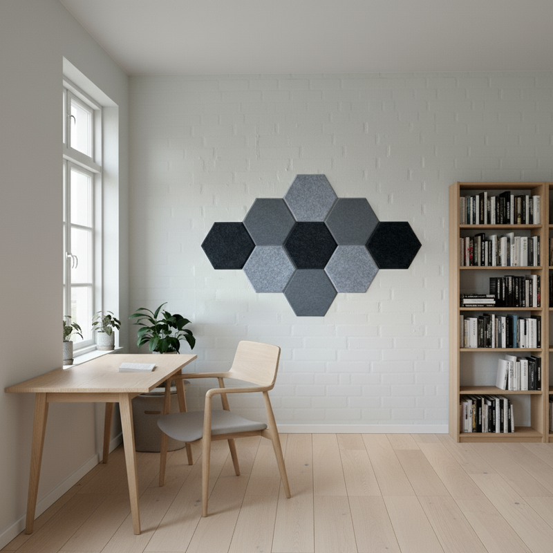 Grå filt hexagoner i 30x26 cm.