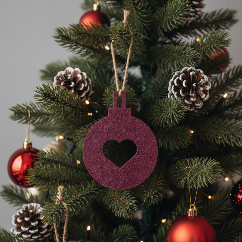 Julekugle med hjerte udskåret i 9 mm filt akustik