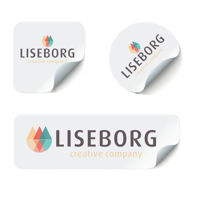 Tre klistermærker med LISEBORG-logo i forskellige former: firkant, cirkel og rektangel.
