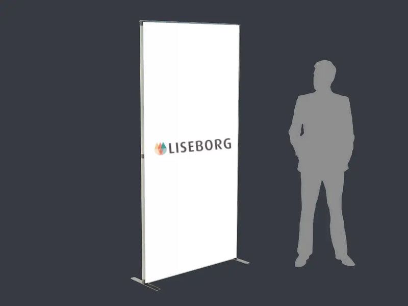 Foldbar display med "LISEBORG" banner, rektangulær ramme, to metalfødder, silhuet til skala.