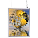 Dobbeltsidet LED-ramme med globus-design, strømledning i top og tænd/sluk-knap i bund.