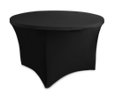 Rundt cocktailbord med stramt sort betræk, der dækker hele bordet fra top til bund.
