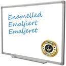 Emaljeret whiteboard med tekst "Enameled, Emaljert, Emaljeret" og "PREMIUM QUALITY" mærke.