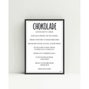 Minimalist A4 plakat med sort tekst om chokolade i smal skrifttype på hvid baggrund.