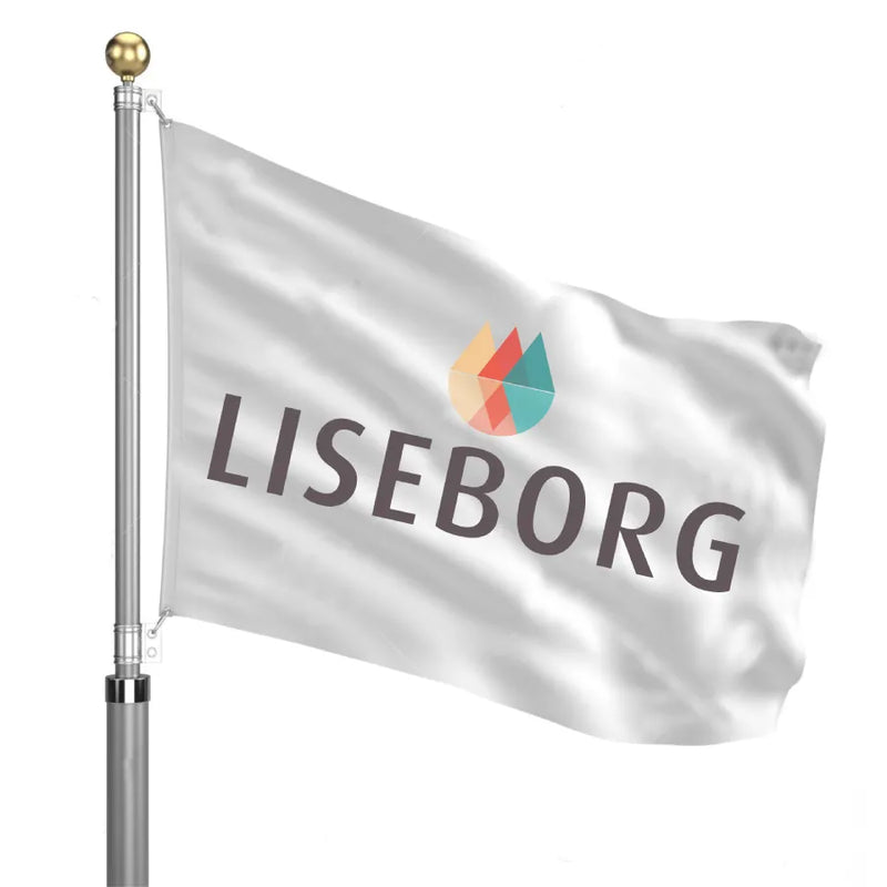 Flag med teksten "LISEBORG" og farverigt logo, monteret på stang med knop, blafrer i vinden.