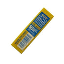 Gult OLFA-blademballage med 50 rustfri knivblade, mærket "AB-50S" og stregkode nederst.