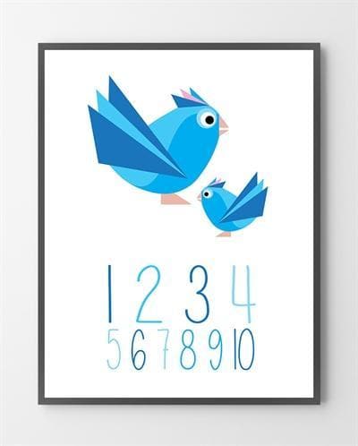 123 plakat til børn med Blå fugle er lavet i Limited Edition a 100 stk. -  På dette foto er 123 plakaten ikke præget.