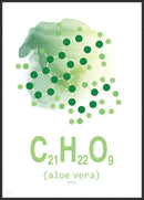 Molekylstruktur med grønne cirkler og linjer, teksten "C₂₁H₂₂O₉" og "(aloe vera)" vises tydeligt.