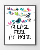 Farverige fugle på ledninger med teksten "Please feel at home" i sort skrift.