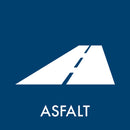 Klistermærke til affaldssortering med vejikon på blå baggrund og teksten "ASFALT" for asfalt-affald.