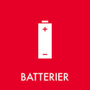 Rød baggrund med hvidt batteri-ikon og teksten "BATTERIER" til affaldssortering af batterier.