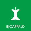 Grøn baggrund med ikon for affald og teksten "BIOAFFALD" til bioaffaldssortering.