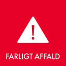 Rødt baggrund, hvidt trekantet advarselsskilt med udråbstegn, teksten "FARLIGT AFFALD" nedenunder.