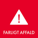 Rød baggrund med hvidt advarselstrekant og udråbstegn. Tekst: FARLIGT AFFALD.