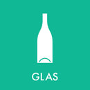 Grøn sticker med hvid flaskeikon og teksten "GLAS" til glasgenbrug.