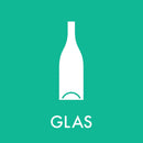 Hvid flaske-silhuet på grøn baggrund med teksten "GLAS" for affaldssortering af glas.
