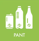 Grøn baggrund med hvide silhuetter af dåse, plast- og glasflaske med genbrugssymboler.