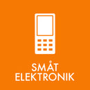Hvidt ikon af lille elektronik på orange baggrund med teksten "SMÅT ELEKTRONIK" nedenunder.