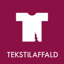 Hvid T-shirt ikon på bordeaux baggrund. Teksten "TEKSTILAFFALD" står i hvidt nedenunder.
