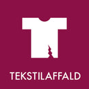 Hvid T-shirt med hul på mørkerød baggrund. Tekst: "TEKSTILAFFALD" i hvid.