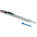 Pen-lignende værktøj med metalfinish, tekstureret greb og separat blå nål ved siden af.
