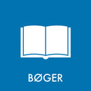 Blåt klistermærke med hvidt ikon af åben bog og teksten "BØGER" nedenunder.