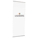 Høj banner med LISEBORG-logo, fastgjort med klemmer foroven og forneden.