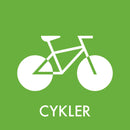 Grøn baggrund med hvid cykelkontur, ordet "CYKLER" står nedenunder.