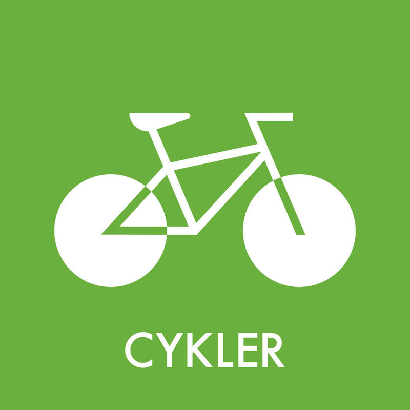 Grøn baggrund med hvid cykelkontur, ordet "CYKLER" står nedenunder.