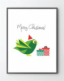 Festlig plakat med farverig fugl og juleelementer. Tekst: "Merry Christmas!" i kursiv.