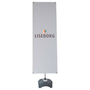 Dobbeltsidet banner med LISEBORG-logo, stabil base og metaløjer i hjørnerne.