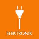 Orange baggrund med hvidt stiksymbol og teksten "ELEKTRONIK" nederst.