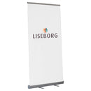 Roll-up banner med logoet LISEBORG, støttet af en sølvfarvet base og top skinne.