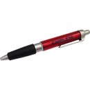 Værktøj ligner en pen, rød-sort med metalspids, sort greb, sidemonteret klips og tekst på kroppen.