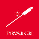 Rød sticker med hvidt fyrværkeri-ikon og teksten "FYRVÆRKERI".