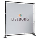 Stort, hvidt banner med sort ramme og farvet logo samt teksten "LISEBORG" i midten.