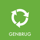 Grøn baggrund med hvidt recykleringssymbol og teksten "GENBRUG".