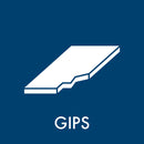 Hvid grafik af gipsplade på blå baggrund med teksten "GIPS" nedenunder.