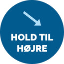 Blåt cirkulært skilt med pil og teksten "HOLD TIL HØJRE" i hvide bogstaver.