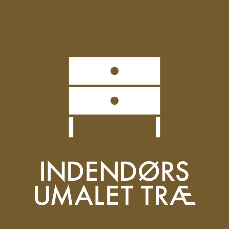 Minimalist to-skuffet møbel på brun baggrund med teksten "INDENDØRS UMALAT TRÆ."
