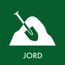 Rektangulær sticker med grøn baggrund, hvid skovl i jordbunke og teksten "JORD" i hvidt.
