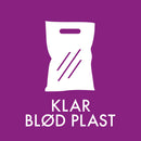 Lilla klistermærke med hvidt ikon af plastpose og tekst "KLAR BLØD PLAST" på dansk.