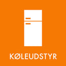 Hvidt køleskab på orange baggrund med teksten "KØLEUDSTYR" nedenunder. Minimalistisk design.